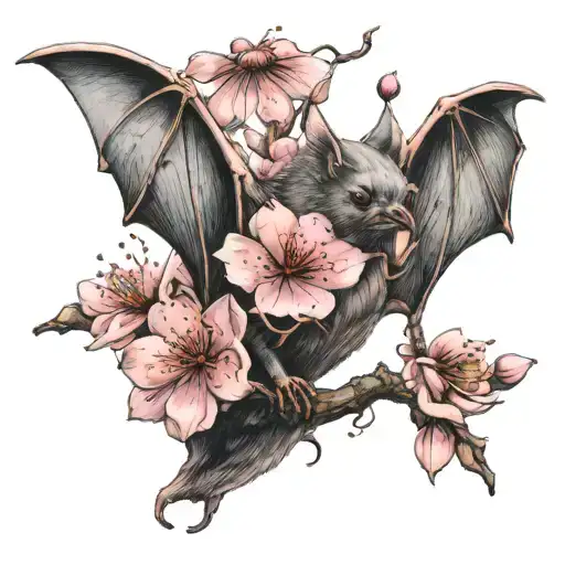 a bat with an exposed skeleton and a cherry blossom tattoo design idea