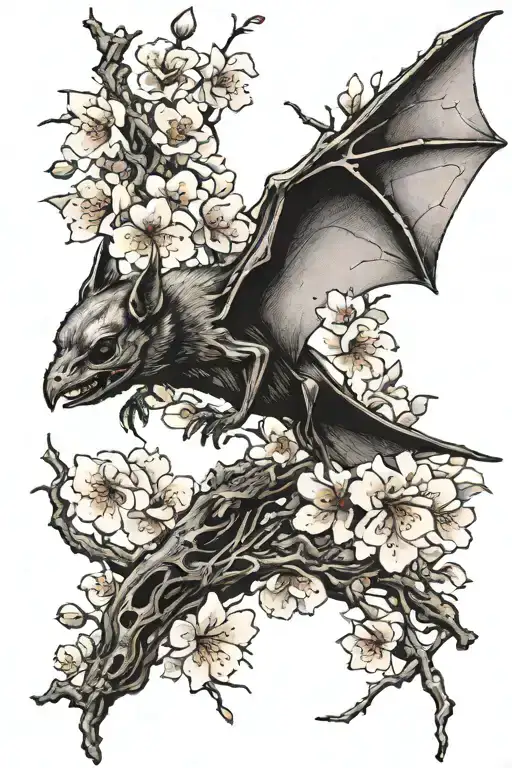 a bat with an exposed skeleton and a cherry blossom tattoo design idea