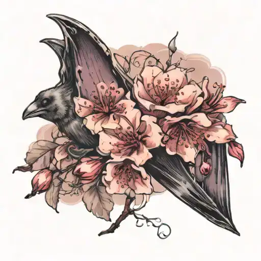 a bat with an exposed skeleton and a cherry blossom tattoo design idea