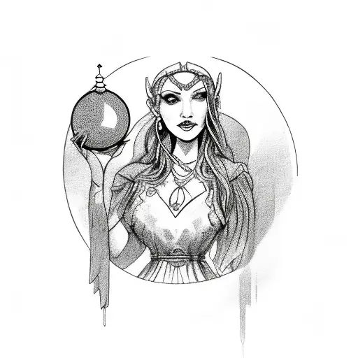 mystical witch holding a crystal ball tattoo design idea