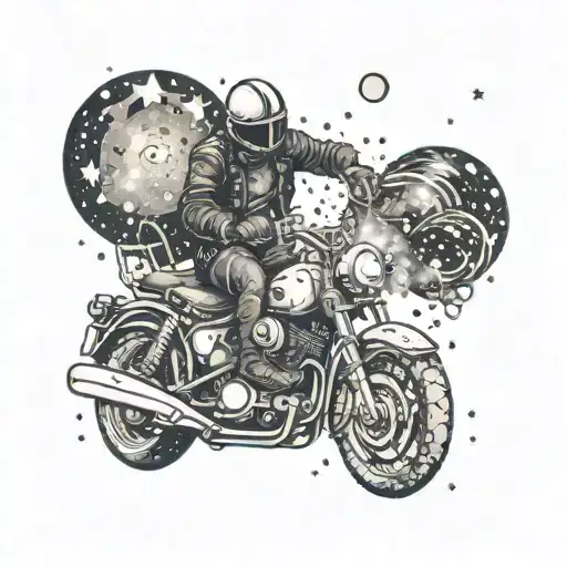 A biker riding a motorcycle through a galaxy filled with stars and planets tattoo design idea