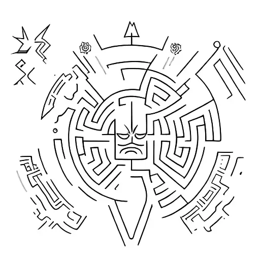 A minimalist tattoo of the labyrinth and the Minotaur, signifying the journey of overcoming struggles in Greek mythology tattoo design idea