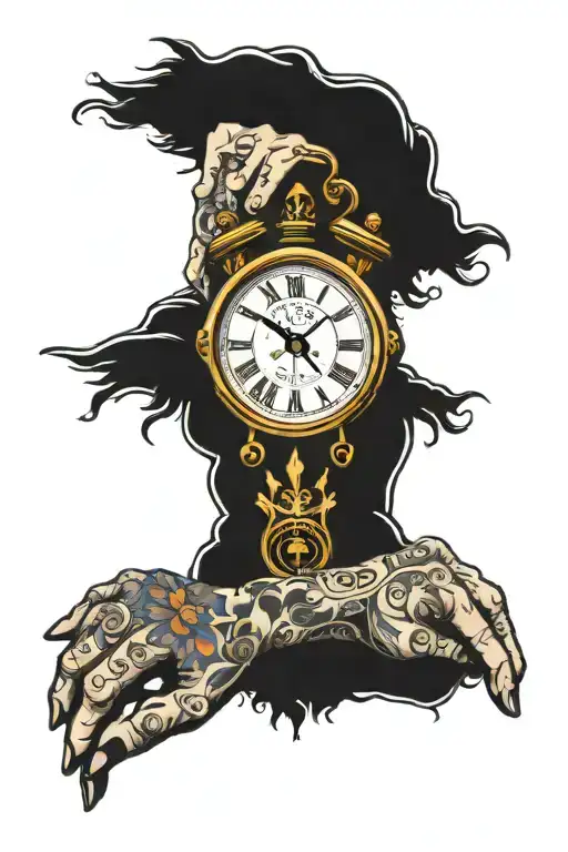Clock and praying hands and wedding ring intertwined tattoo design idea