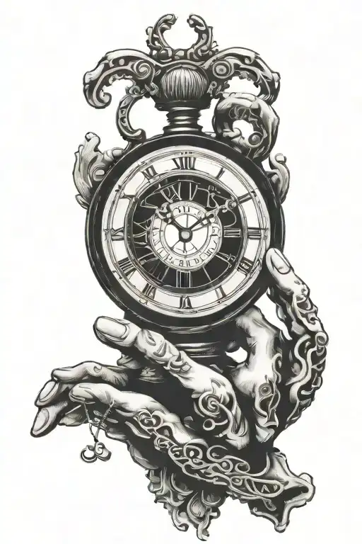 Clock and praying hands and wedding ring intertwined tattoo design idea