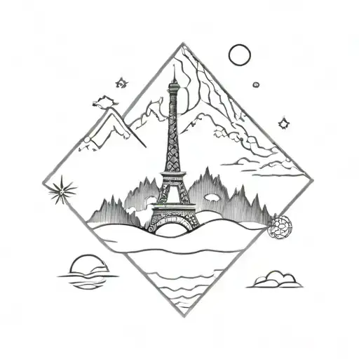 A Tattoo With Mountains, The Ocean, Symbols Of The Eiffel Tower and space needle, 5 siblings, 2 daughters, stoicism tattoo design idea
