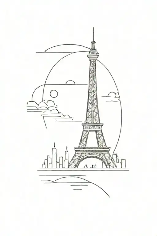 A minimalist tattoo of a tower that is a combination of the Eiffel Tower and the Space Needle, the client's 2 homes tattoo design idea