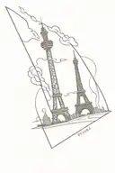 A minimalist tattoo of a tower that is a combination of the Eiffel Tower and the Space Needle, the client's 2 homes tattoo design idea