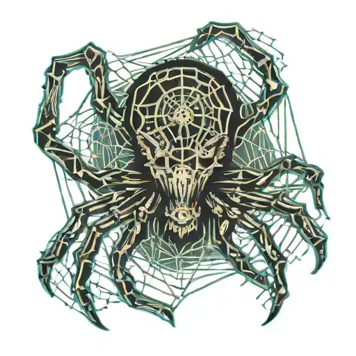 a spider with its back being a skull and webbing background tattoo design idea