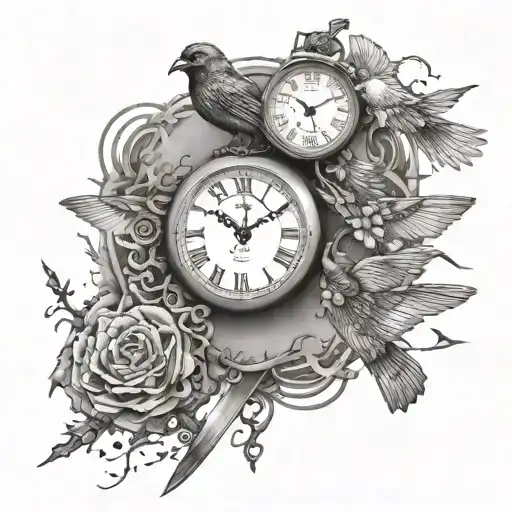 birds flying into horizon, a sword with a clock in the middle and a heart vs brain on a string. sleeve. tattoo design idea