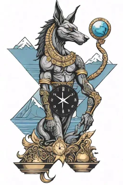 scales of anubis with time and mountains and oceans half sleeve  tattoo design idea