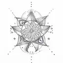 Create a minimalist tattoo design that represents the bond between grandparents and their grandchild, using abstract line art and nautical stars alongside the outlined flowers. tattoo design idea