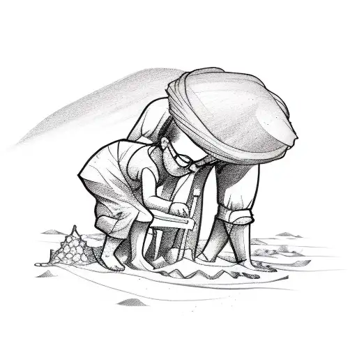 A sketch-style tattoo of a father and child building sandcastles on the beach tattoo design idea