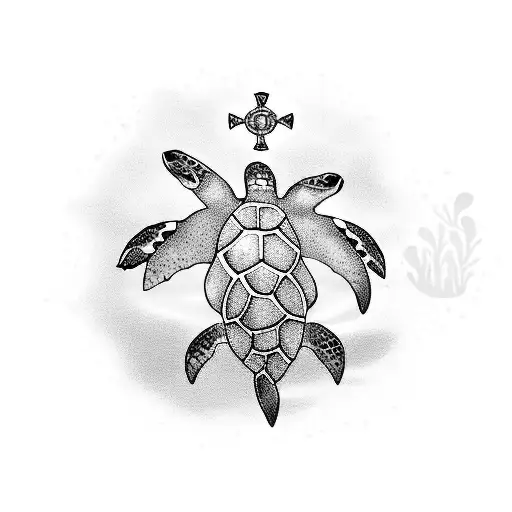 A family of sea turtles swimming in the vibrant coral reef of the Caribbean, with a police badge as a focal point tattoo design idea