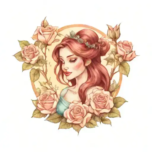 redwood trees and roses and Disney princess holding tattoo design idea