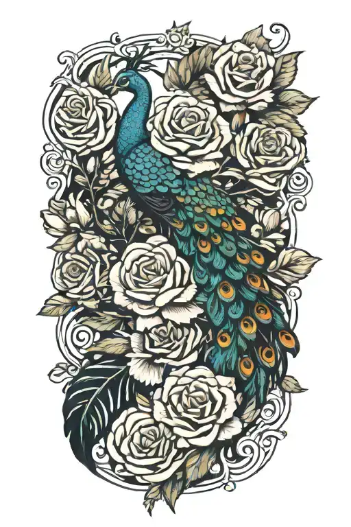  marigolds and roses  and waves peacock feathers  tattoo design idea