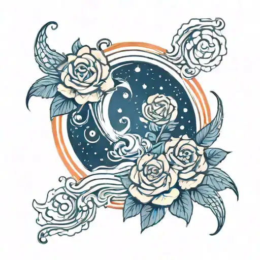A new-school style tattoo of a cosmic wave crashing into a rose garden, symbolizing the duality of the Gemini zodiac sign tattoo design idea