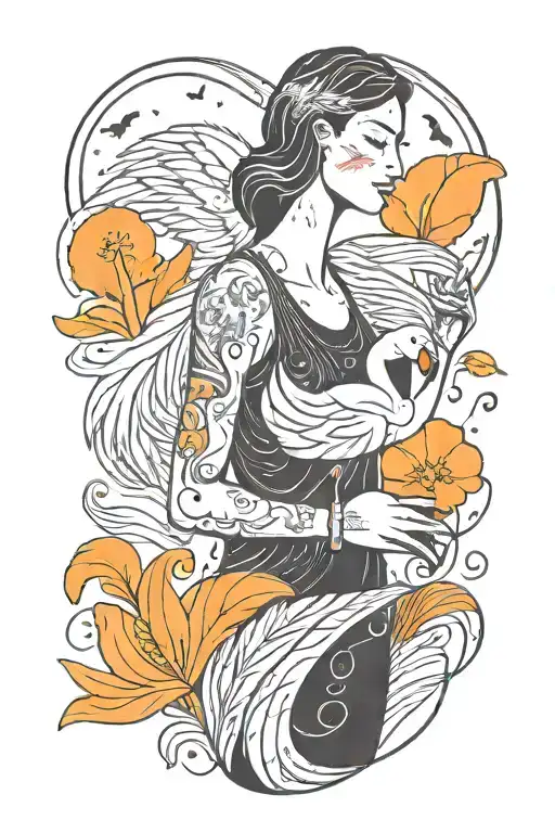 A mother holding a flamingo feather, symbolizing strength and grace, with music notes floating around her tattoo design idea