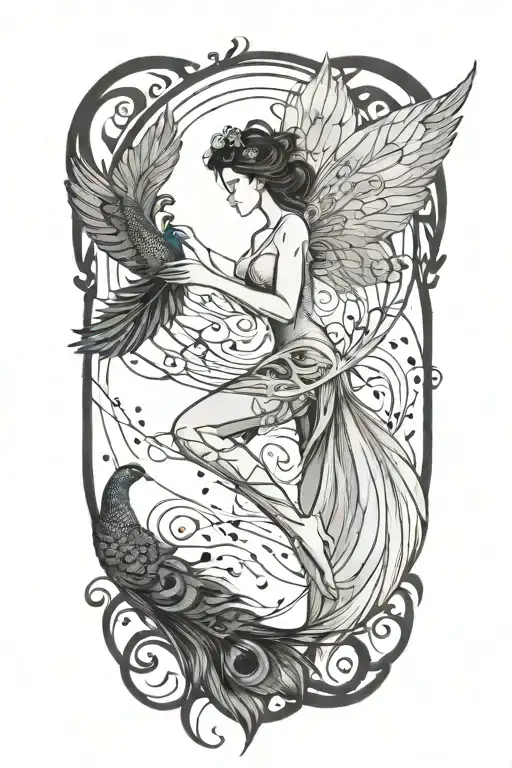 A fairy holding a peacock feather, symbolizing strength and grace, with music notes floating around waves  tattoo design idea