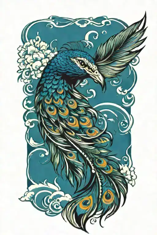 Ocean waves crashing against a feathered peacock feather tattoo design idea