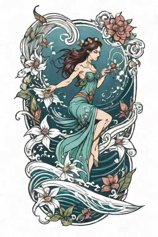 fairy and flowers and ocean waves flowing tattoo design idea
