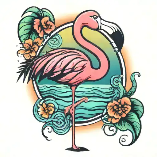 A colorful flamingo with musical notes as its feathers, set against a beach sunset backdrop tattoo design idea
