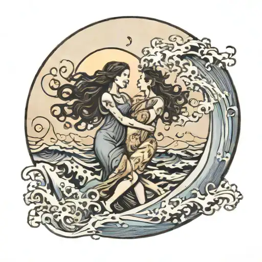 A mother and child dancing under the moon, with beach waves in the background tattoo design idea