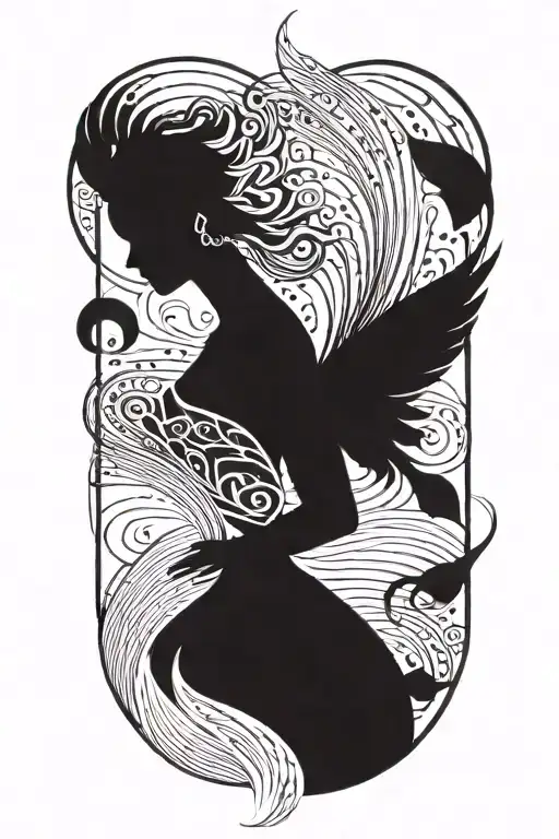 A fairy holding a peacock feather, symbolizing strength and grace, with music notes floating around waves  tattoo design idea