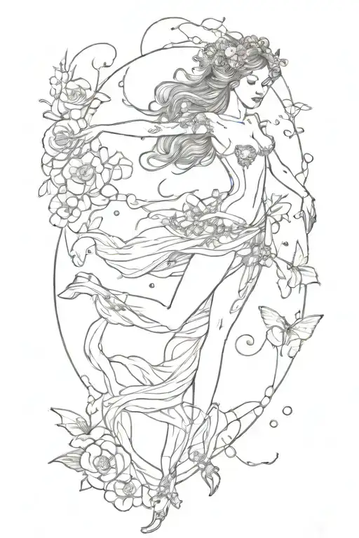 mystical inspired tattoo featuring ocean and flowers and dance fairy tattoo design idea