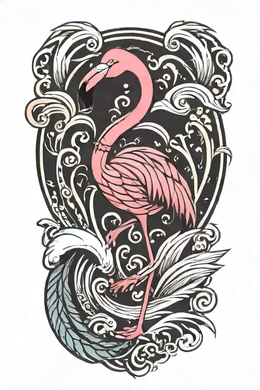 A tribal-inspired flamingo design incorporating feathers and waves tattoo design idea