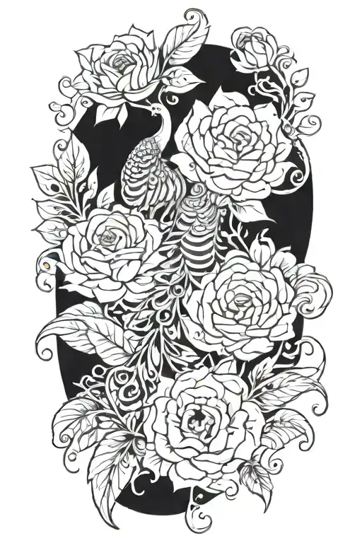  marigolds and roses  and waves peacock feathers  tattoo design idea