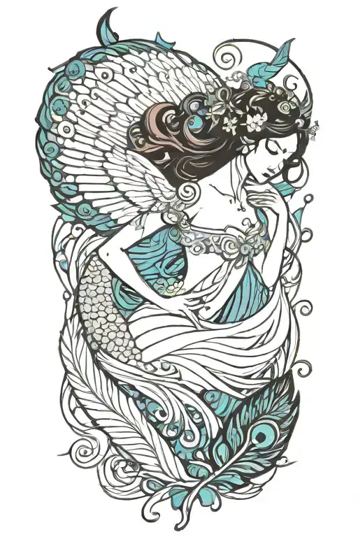 A fairy holding a peacock feather, symbolizing strength and grace, with music notes floating around waves  tattoo design idea