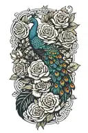  marigolds and roses  and waves peacock feathers  tattoo design idea