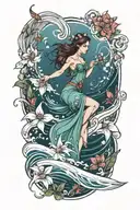fairy and flowers and ocean waves flowing tattoo design idea