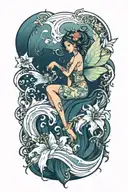 fairy and flowers and ocean waves flowing tattoo design idea