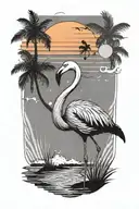 A colorful flamingo with musical notes as its feathers, set against a beach sunset backdrop tattoo design idea