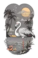 A colorful flamingo with musical notes as its feathers, set against a beach sunset backdrop tattoo design idea