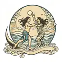 A mother and child dancing under the moon, with beach waves in the background tattoo design idea
