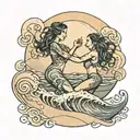 A mother and child dancing under the moon, with beach waves in the background tattoo design idea