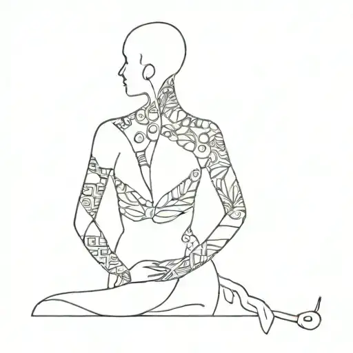 A tattoo featuring a mannequin silhouette adorned with intricate fabric patterns and scissors tattoo design idea