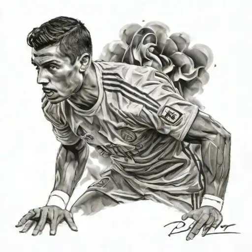 Create a portrait of Cristiano Ronaldo with his famous quote 'Dreams are not what you see in your sleep, dreams are things which do not let you sleep' tattoo design idea