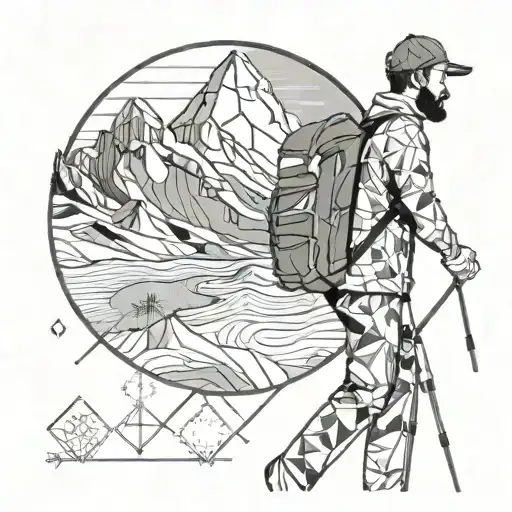 man travel with tripod in left hand, camera hanging in right hand medium size backpack and mountains in the background tattoo design idea