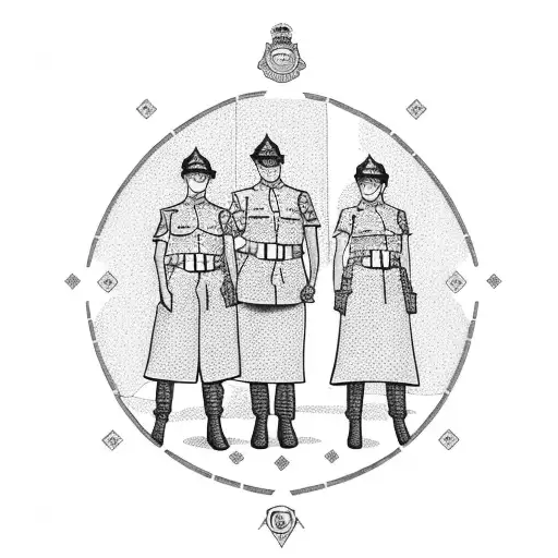 A dotwork design of a police officer and two siblings standing together, symbolizing their shared dedication to protecting their family tattoo design idea