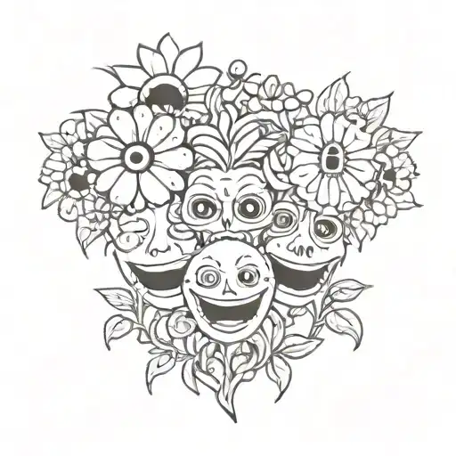 flowers with head happy, sad and terrifying expressions tattoo design idea