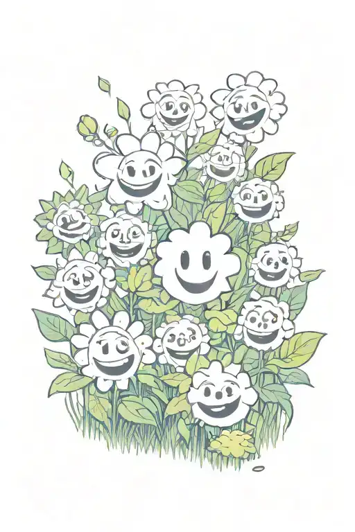 garden with flowers with happy, sad, scared and angry faces tattoo design idea