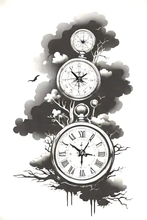 cross, Forrest, clock, compass, clouds, nature,  tattoo design idea