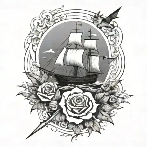 ship into Theo storm clouds with swordfish and roses  tattoo design idea