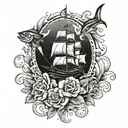 ship into Theo storm clouds with swordfish and roses  tattoo design idea