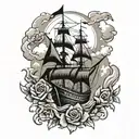 ship into Theo storm clouds with swordfish and roses  tattoo design idea
