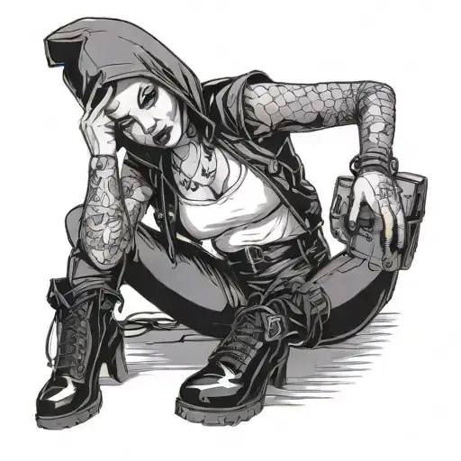 A punk-themed BDSM scene with a dominatrix wearing tube socks and a latex hood tattoo design idea