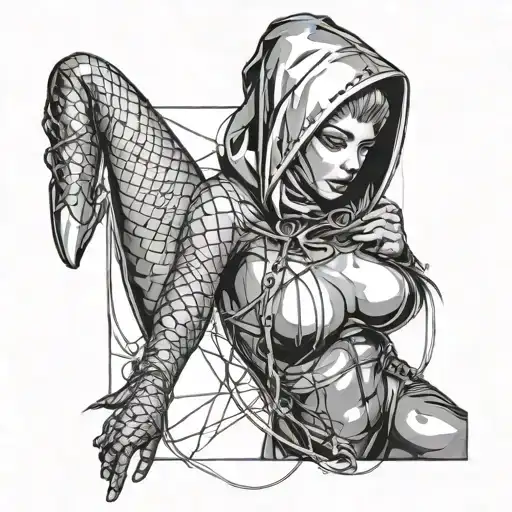 Design a piece featuring a dominant figure wearing latex hood and fishnet stockings in a BDSM scene tattoo design idea